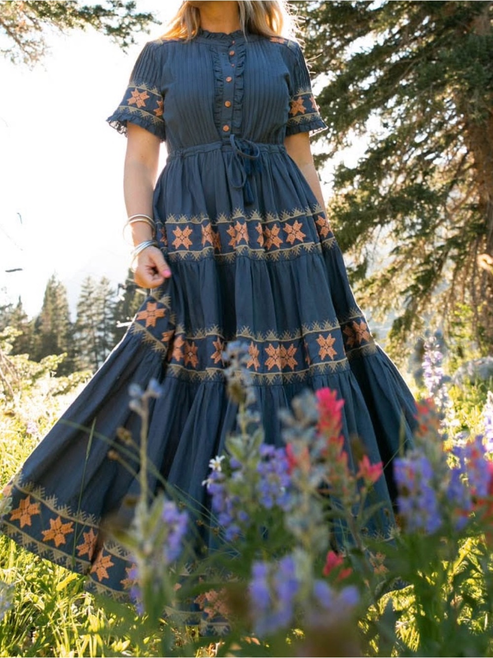 Ivy city co Embroidered Navy Blue Tiered Midi Dress with Tie Waist